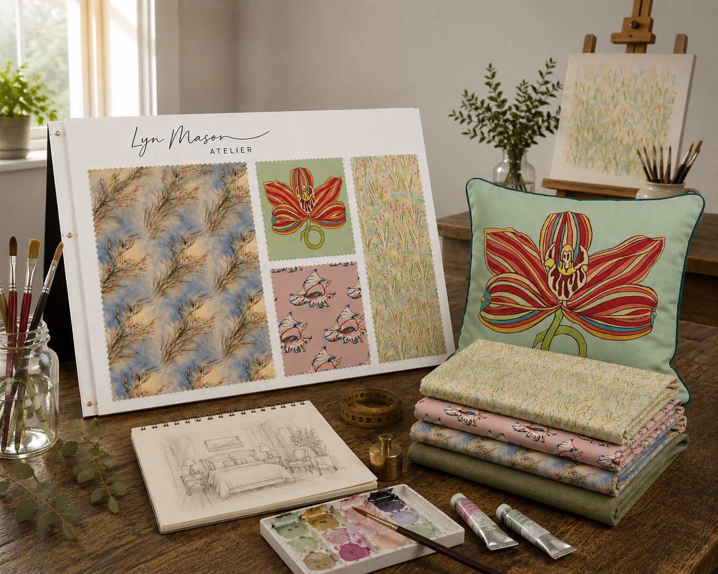 Artistic materials and fabric samples on a wooden table with 'Lyn Mason Atelier' branding.